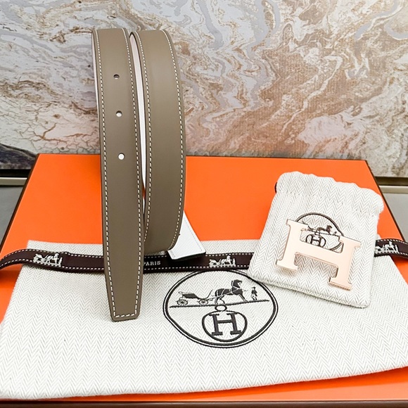 New! Hermes Swift Epsom 24mm Rose Gold H Reversible Leather Belt main image 11